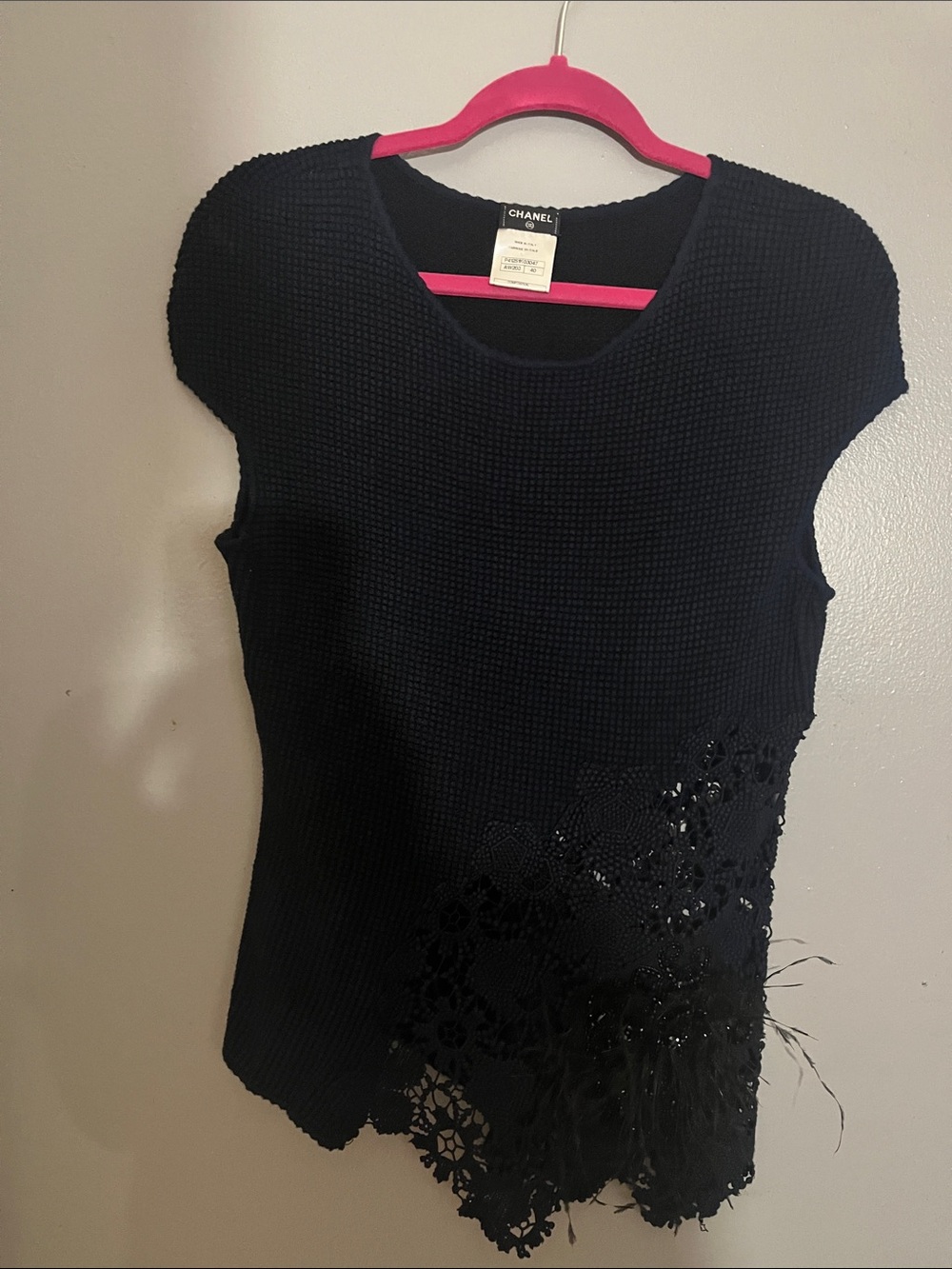 CHANEL Blue  Textured Sleeveless Top with black Lace & Feather Detail